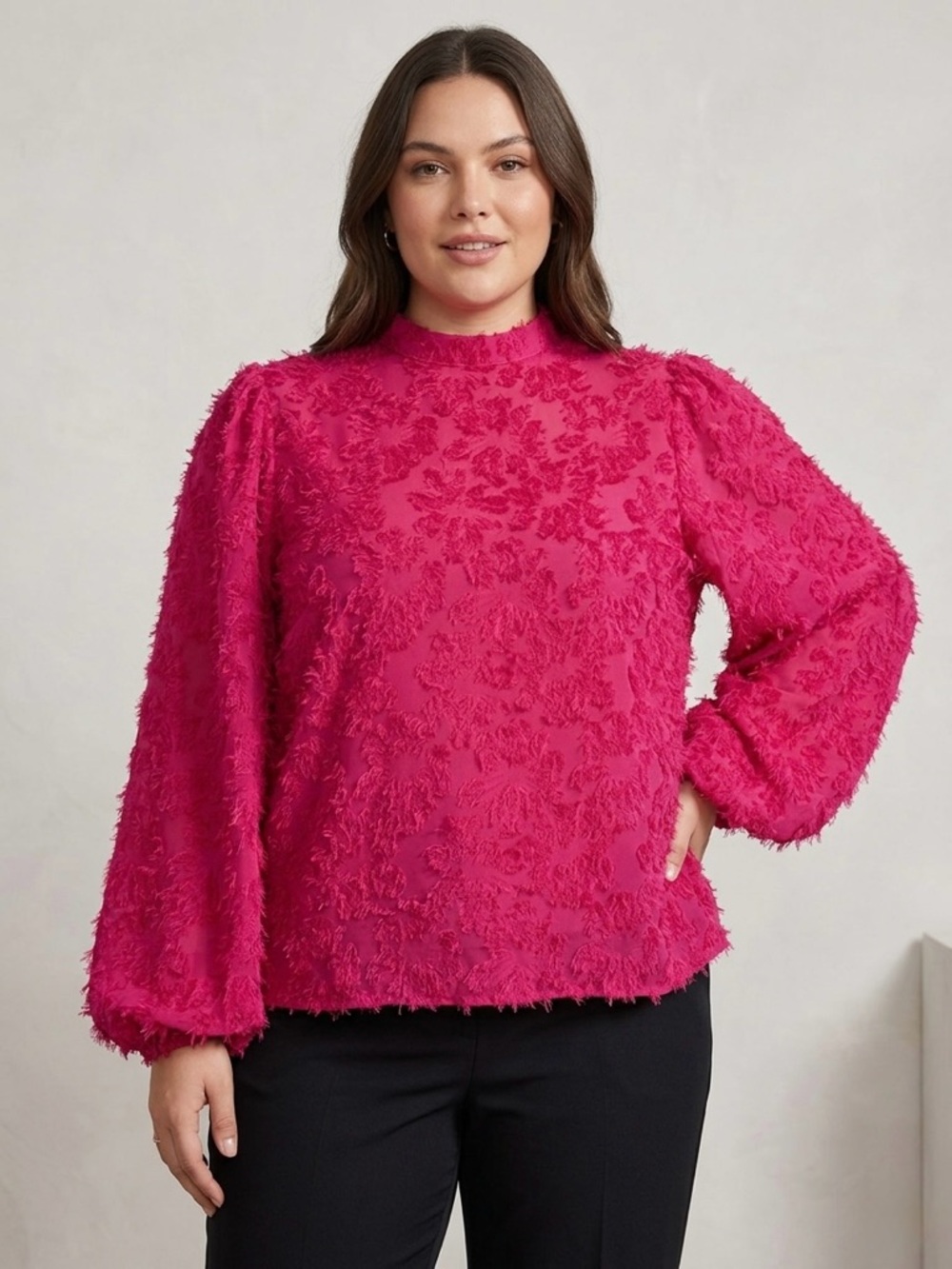 Icone Magenta 3D Floral Eyelash Texture Balloon Sleeve Blouse XLarge NWT